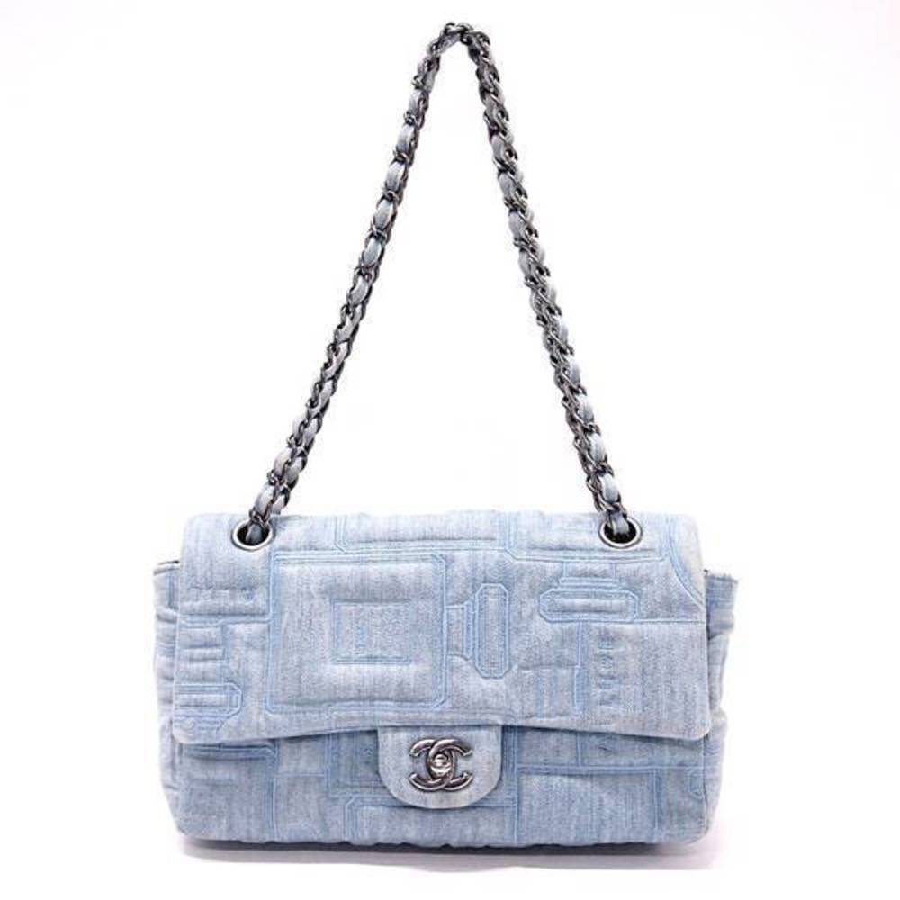 Chanel Perfume Embroidered Denim Double Chain Shoulder Bag Blue